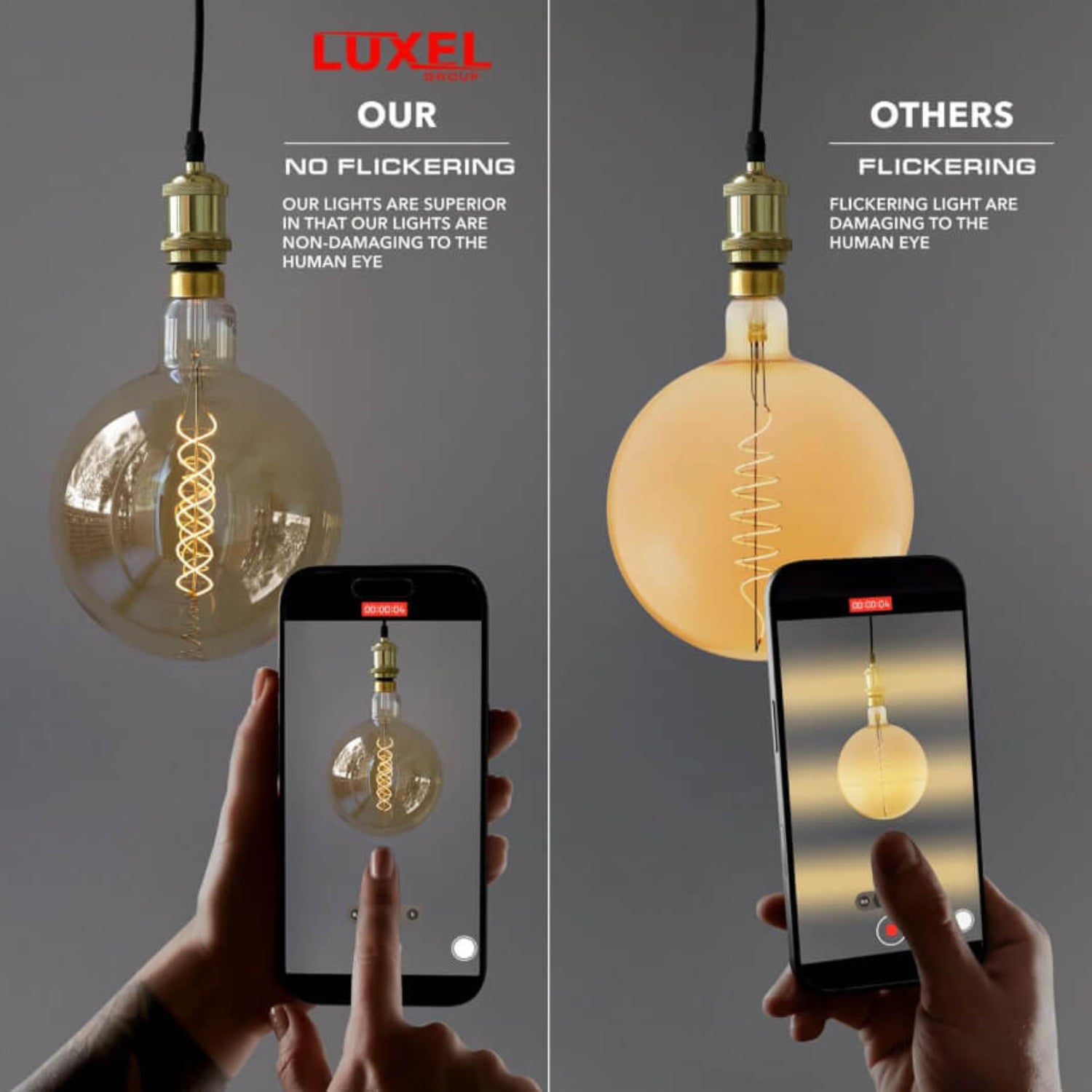 Infographic showing amber glass finish and energy-saving LED filament of Luxel oversized bulb.