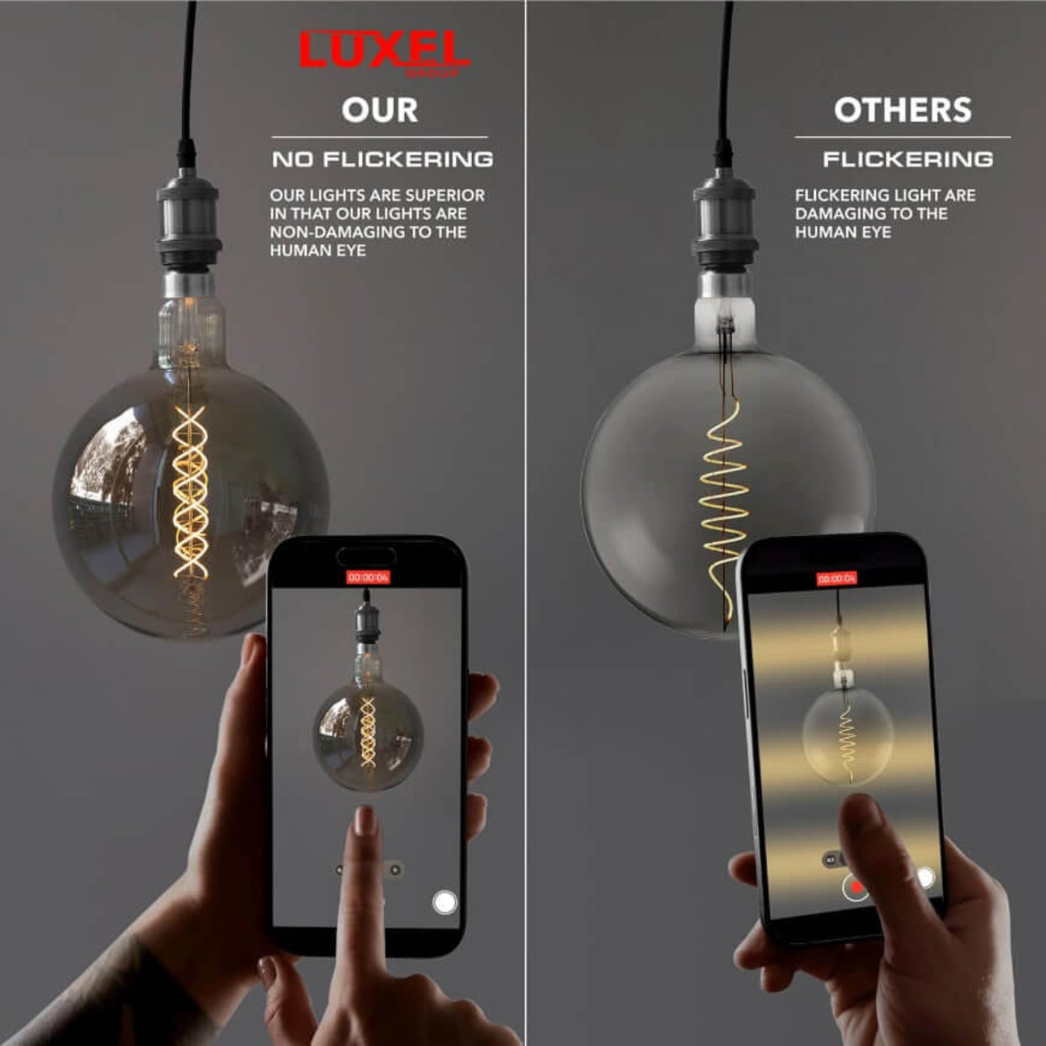 Size comparison of Luxel oversized LED bulb versus standard bulb