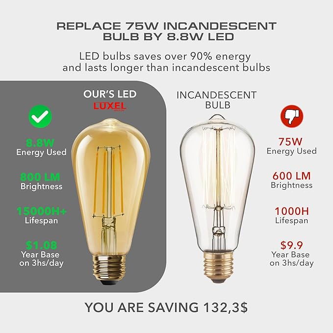 Comparison of LED and incandescent light bulbs with energy savings and cost details.