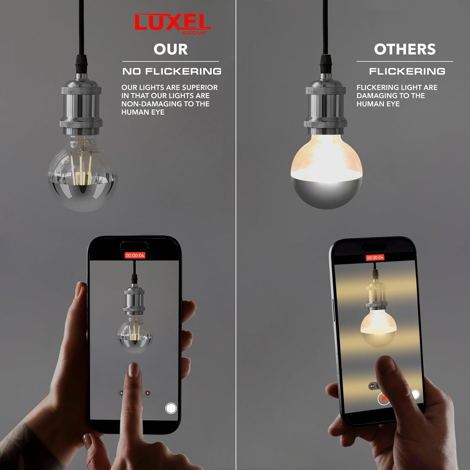 Comparison of Luxel semi-chrome LED Edison bulb with no flickering vs others