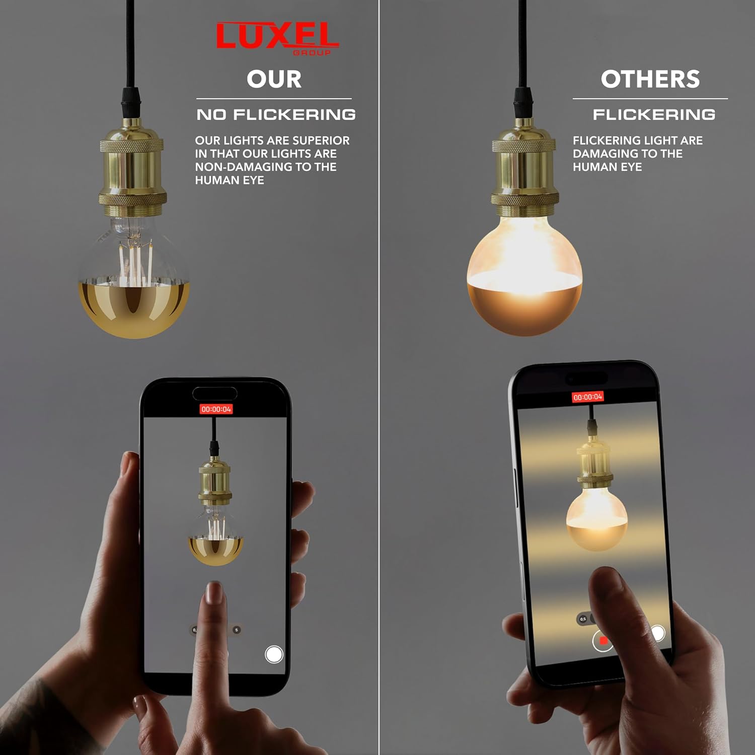 Comparison of Luxel light bulbs with flickering lights on smartphones, highlighting Luxel's superior quality.