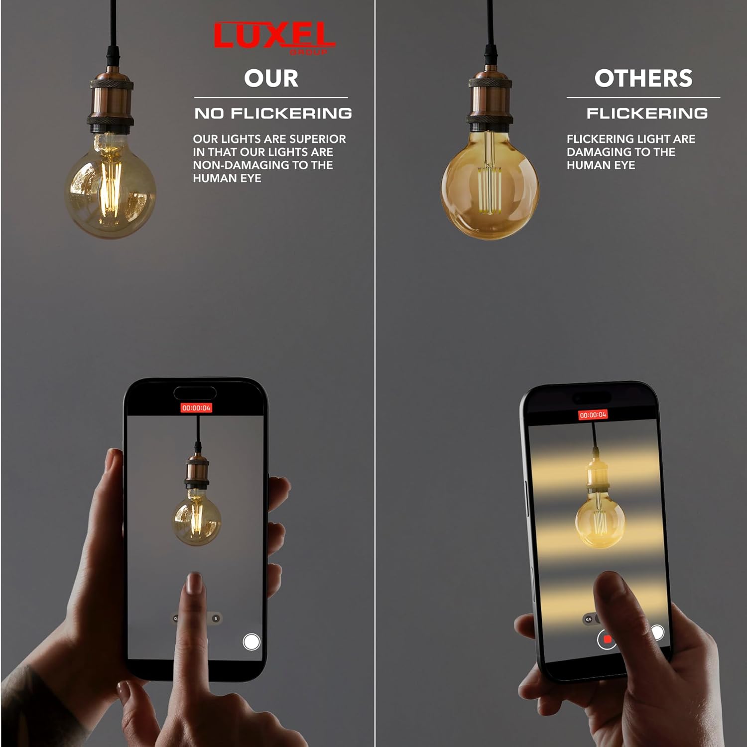 Comparison of Luxel light bulbs with flickering lights on a smartphone screen.
