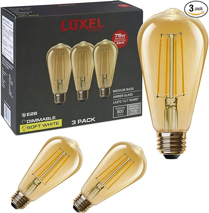 Luxel LED light bulbs with packaging on a white background