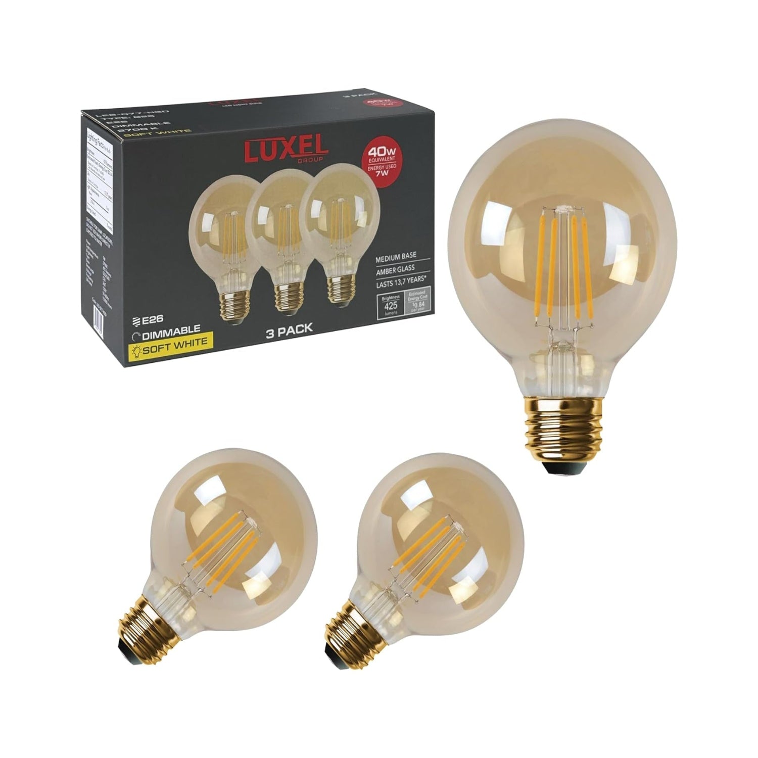 Luxel LED light bulbs with packaging on a white background