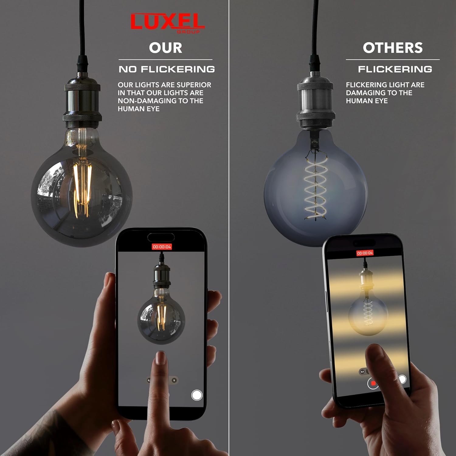 Comparison of Luxel light bulbs with flickering lights on a smartphone screen, emphasizing Luxel's superior quality.