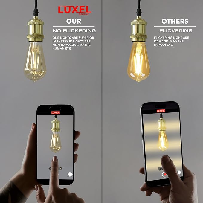 Comparison of Luxel light bulbs with flickering lights on smartphones, highlighting Luxel's superior quality.