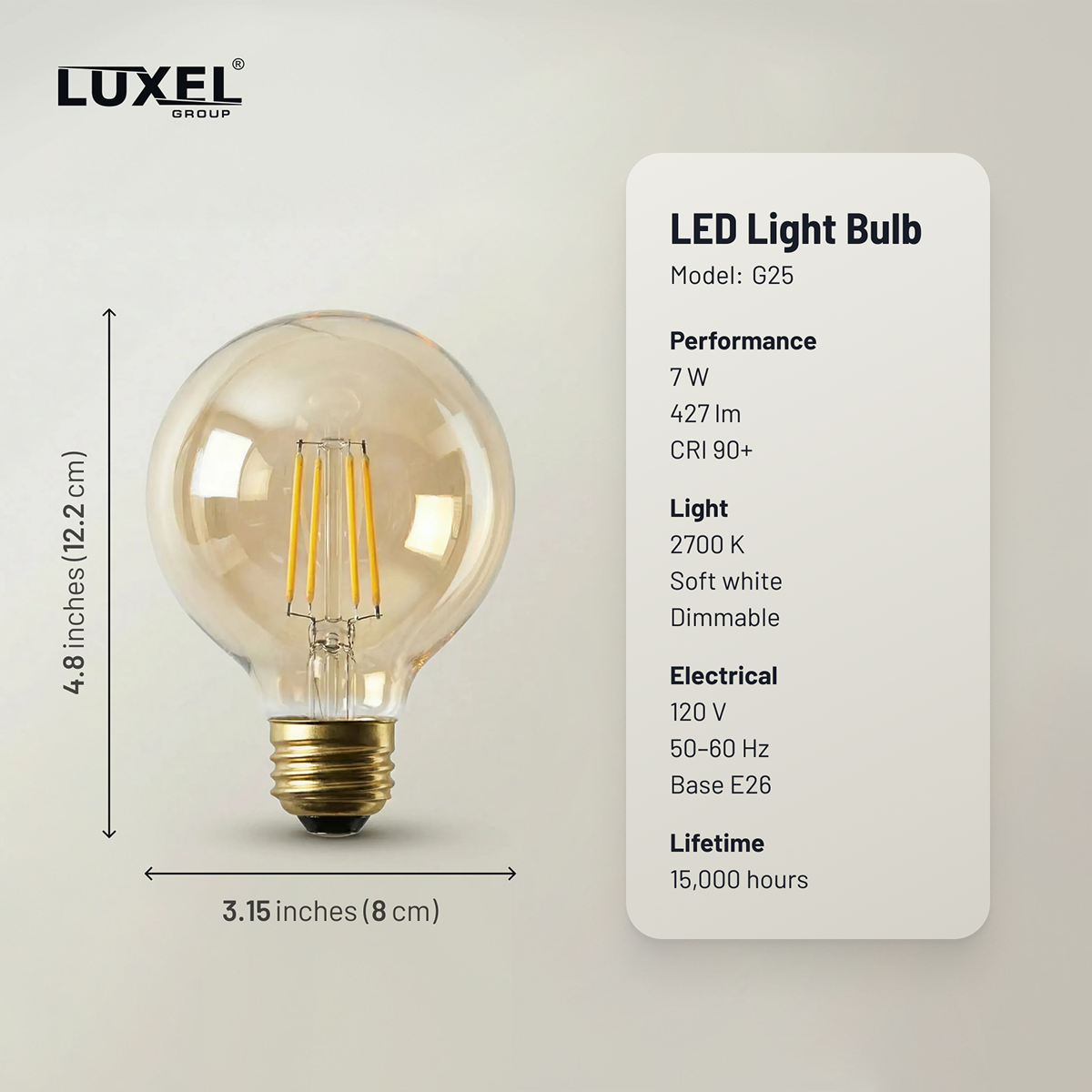 LED light bulb with Luxel branding and specifications on a gray background