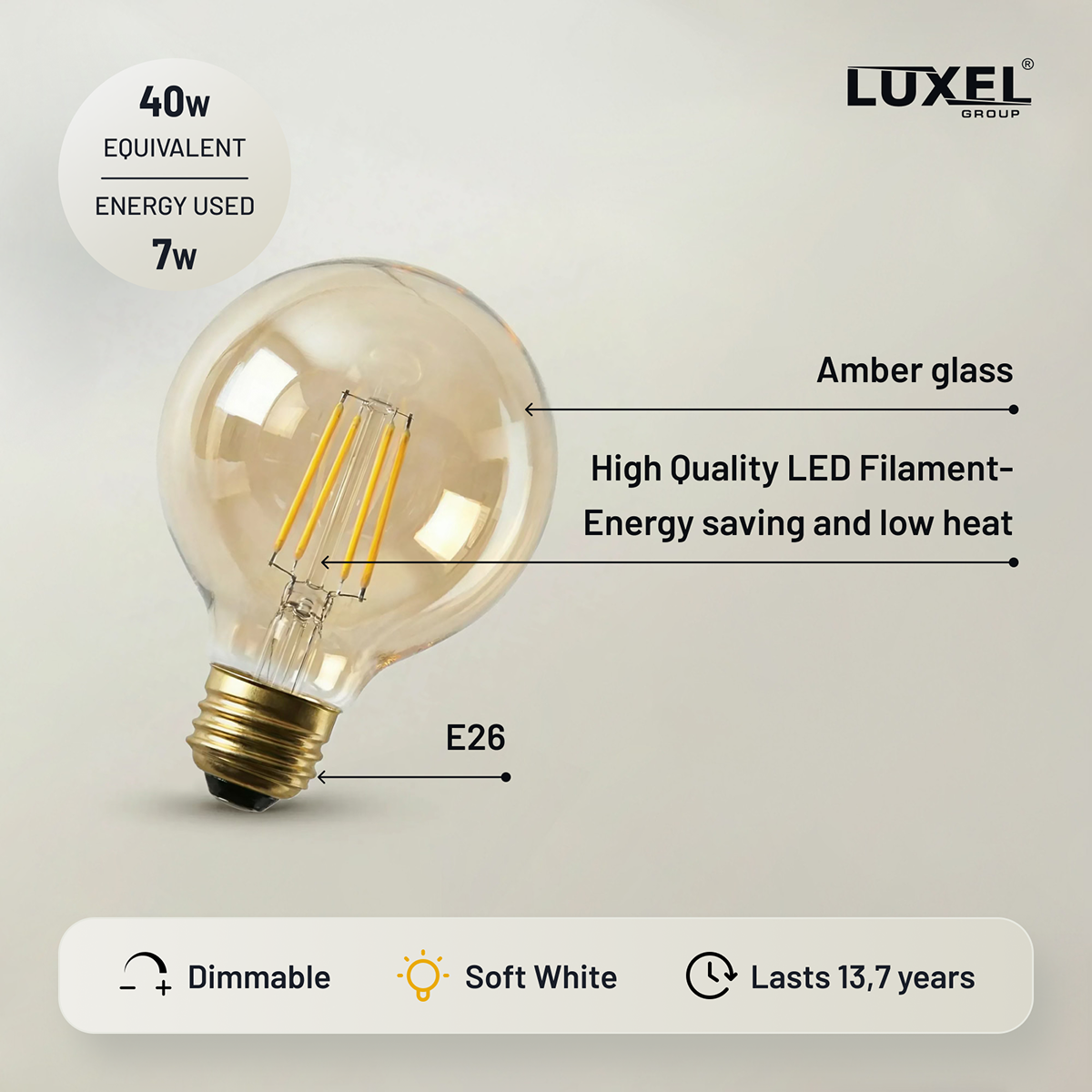 Luxel LED light bulb with features highlighted on a beige background