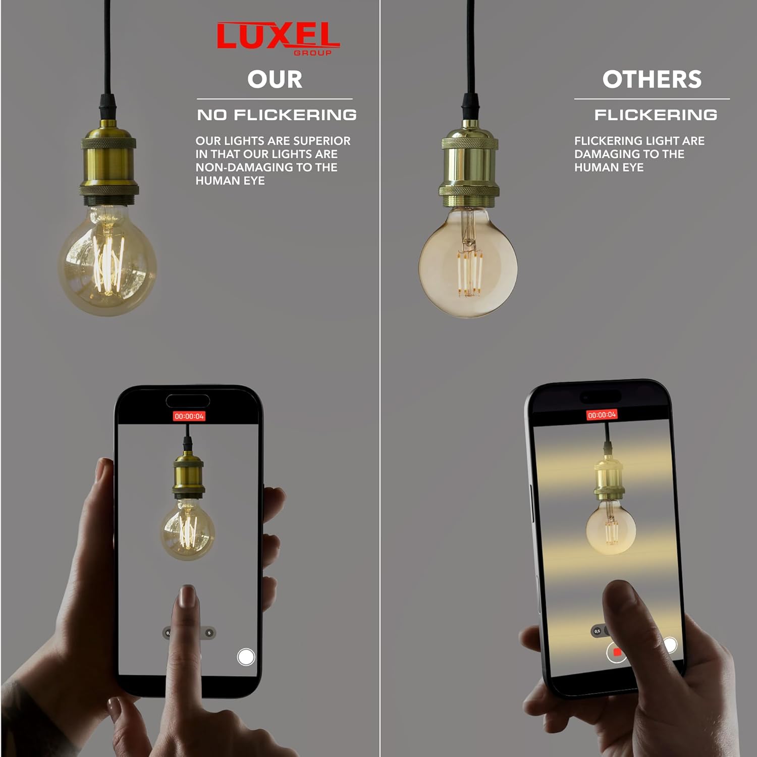 Comparison of Luxel LED Edison bulb with no flickering vs other bulbs with flicker