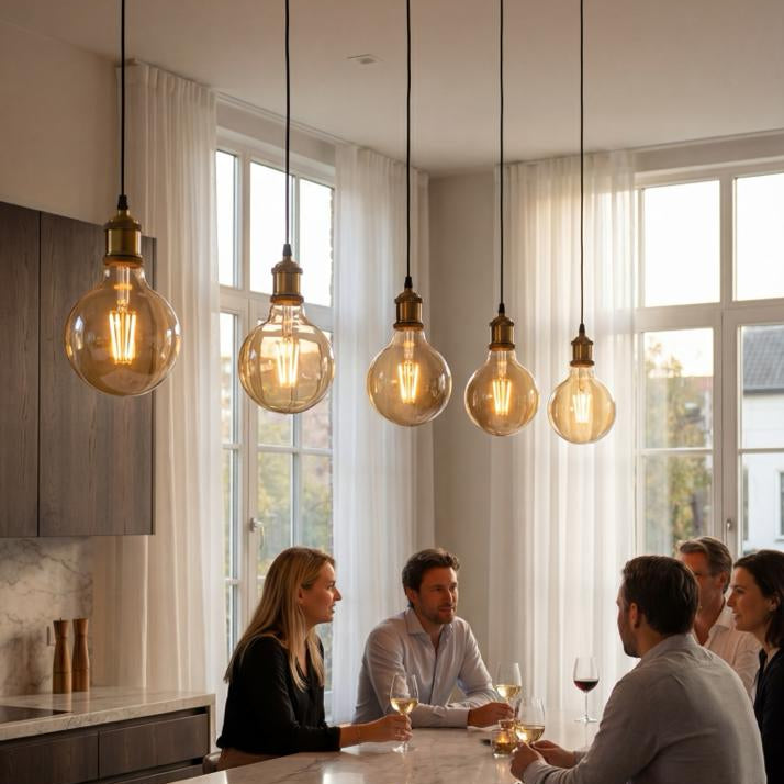 People sitting around a kitchen island with pendant lights hanging above.