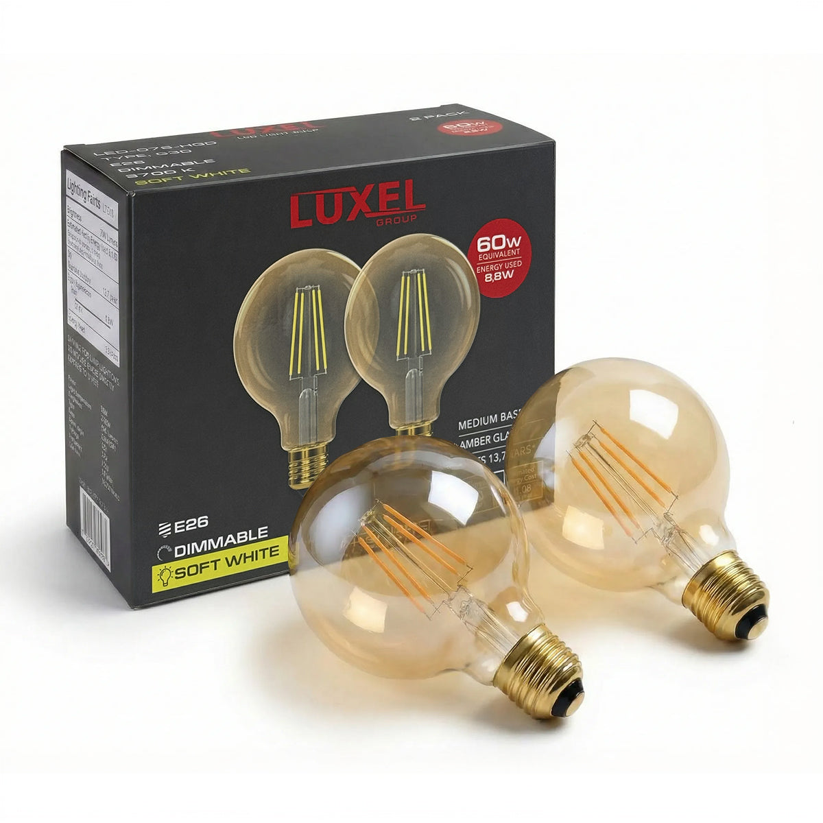 Luxel light bulbs with packaging on a white background