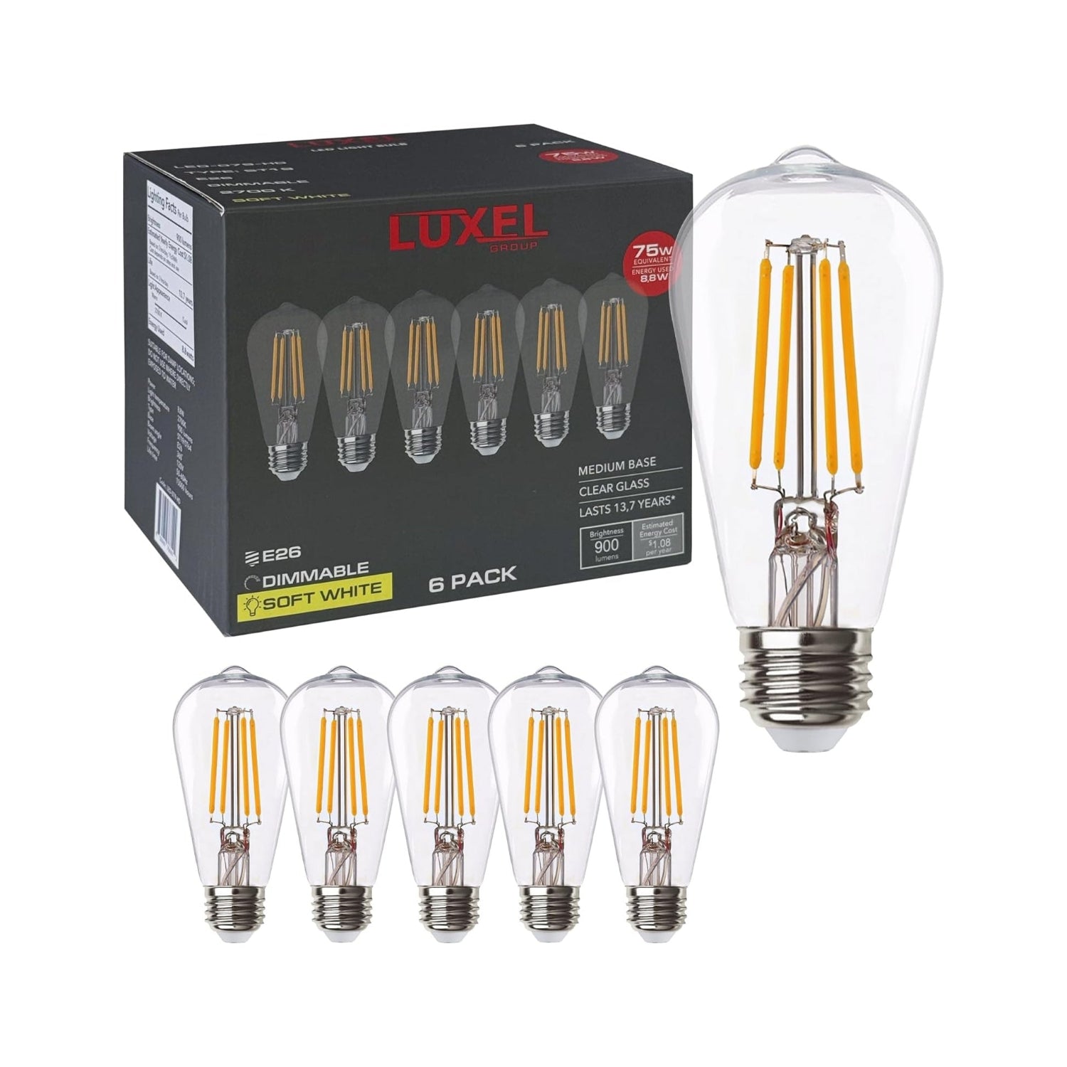 Packaging of Luxel Vintage LED Edison Bulbs ST19/ST64, dimmable 8.8W (75W equivalent), set of 6 with E26 base.