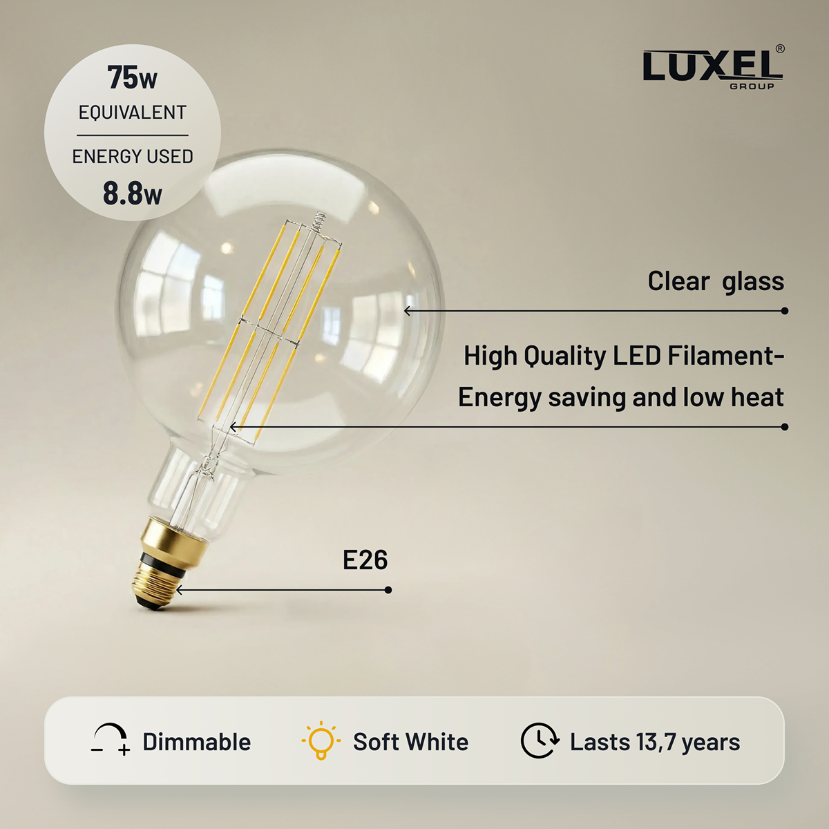 LED filament bulb with features highlighted on a beige background, featuring the Luxel brand.