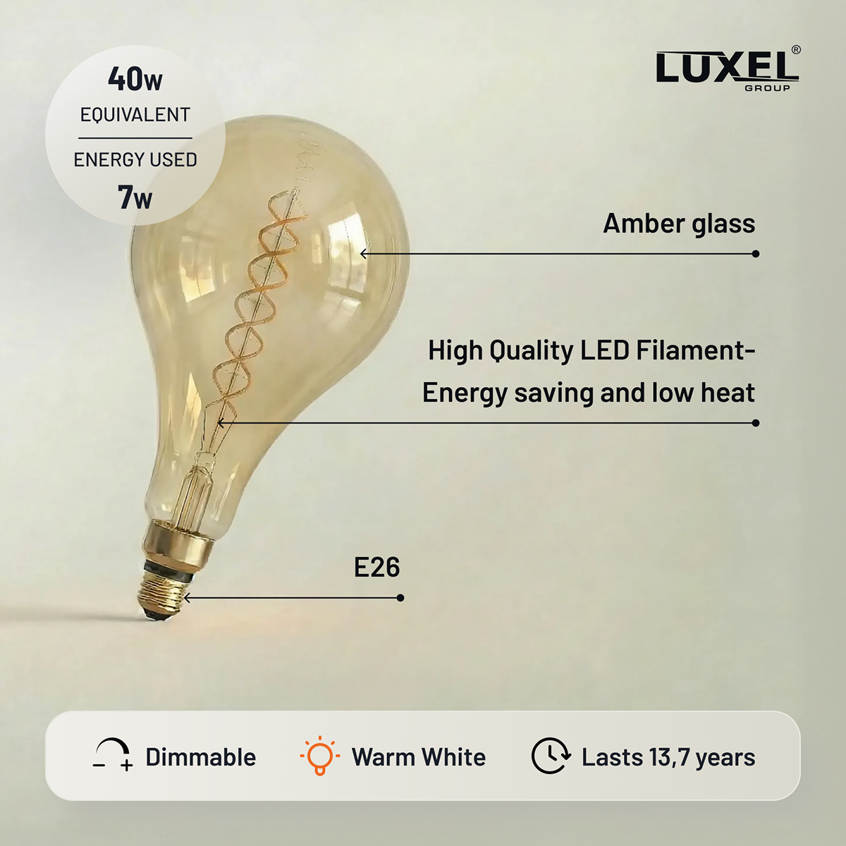 Luxel LED light bulb with features highlighted on a beige background