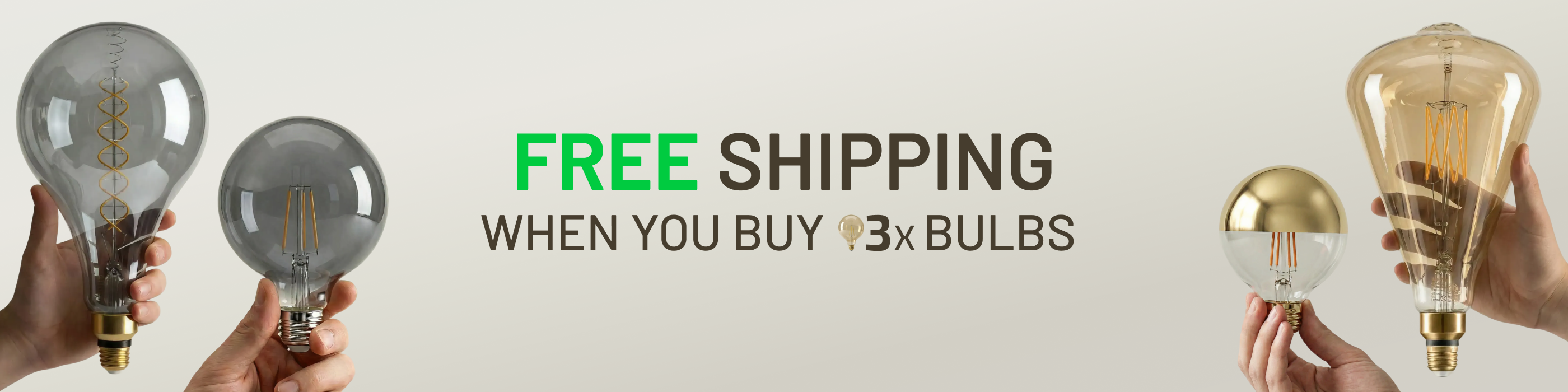 Advertisement for free shipping on bulbs with hands holding light bulbs against a white background.