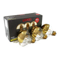 Luxel gold and clear light bulbs with packaging on a white background
