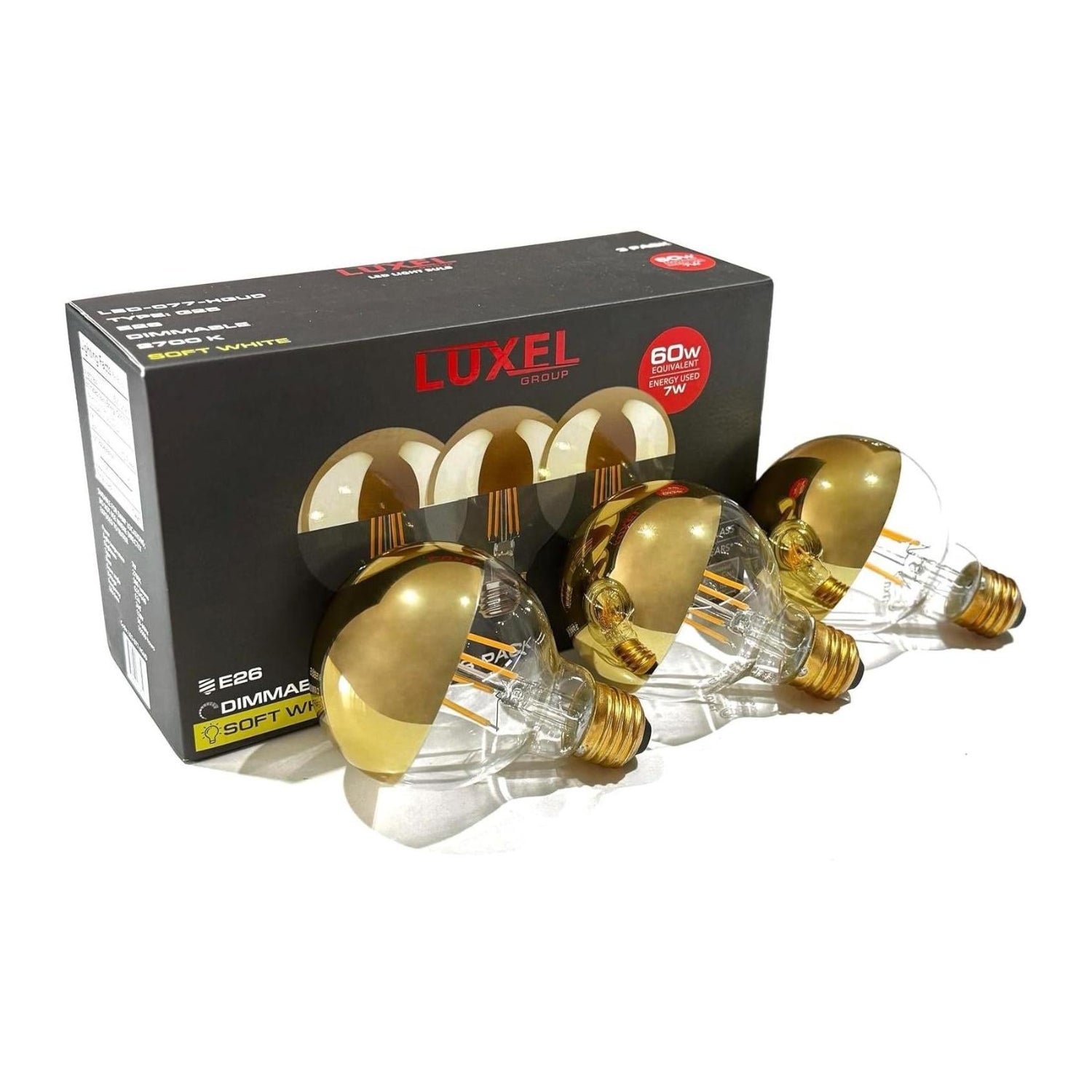 Luxel gold and clear light bulbs with packaging on a white background