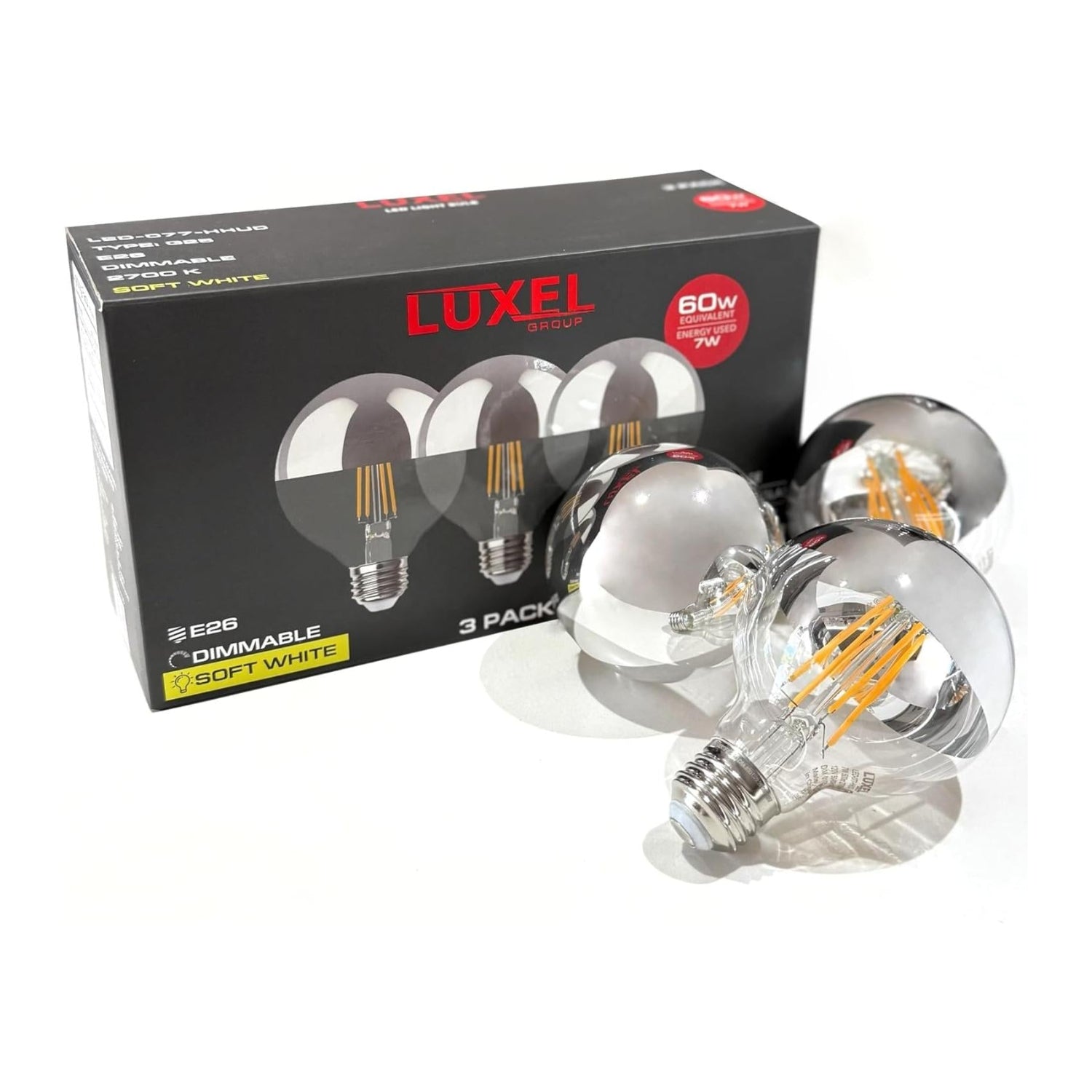 Luxel LED light bulbs with packaging on a white background