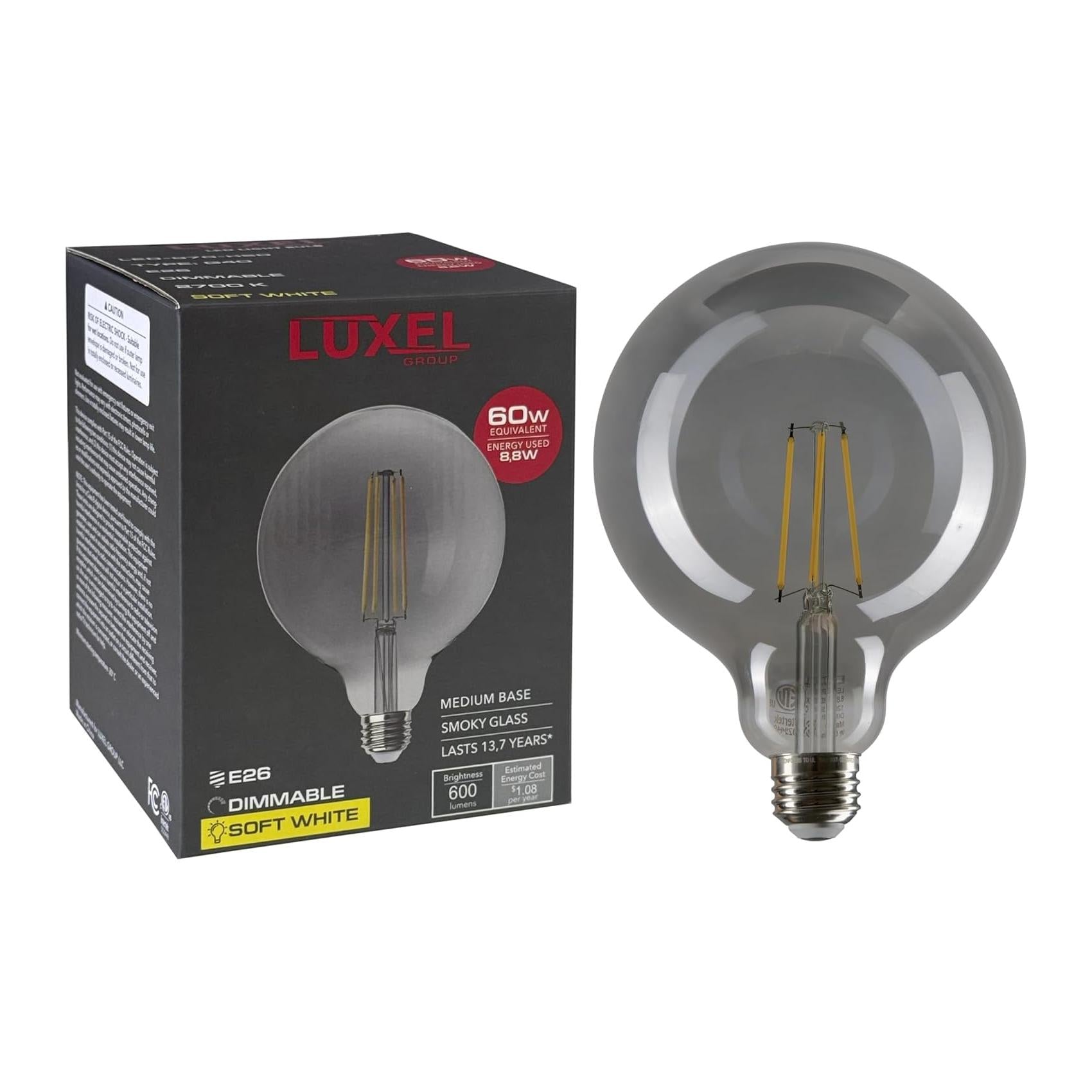 Luxel smoked glass light bulb with packaging on a white background
