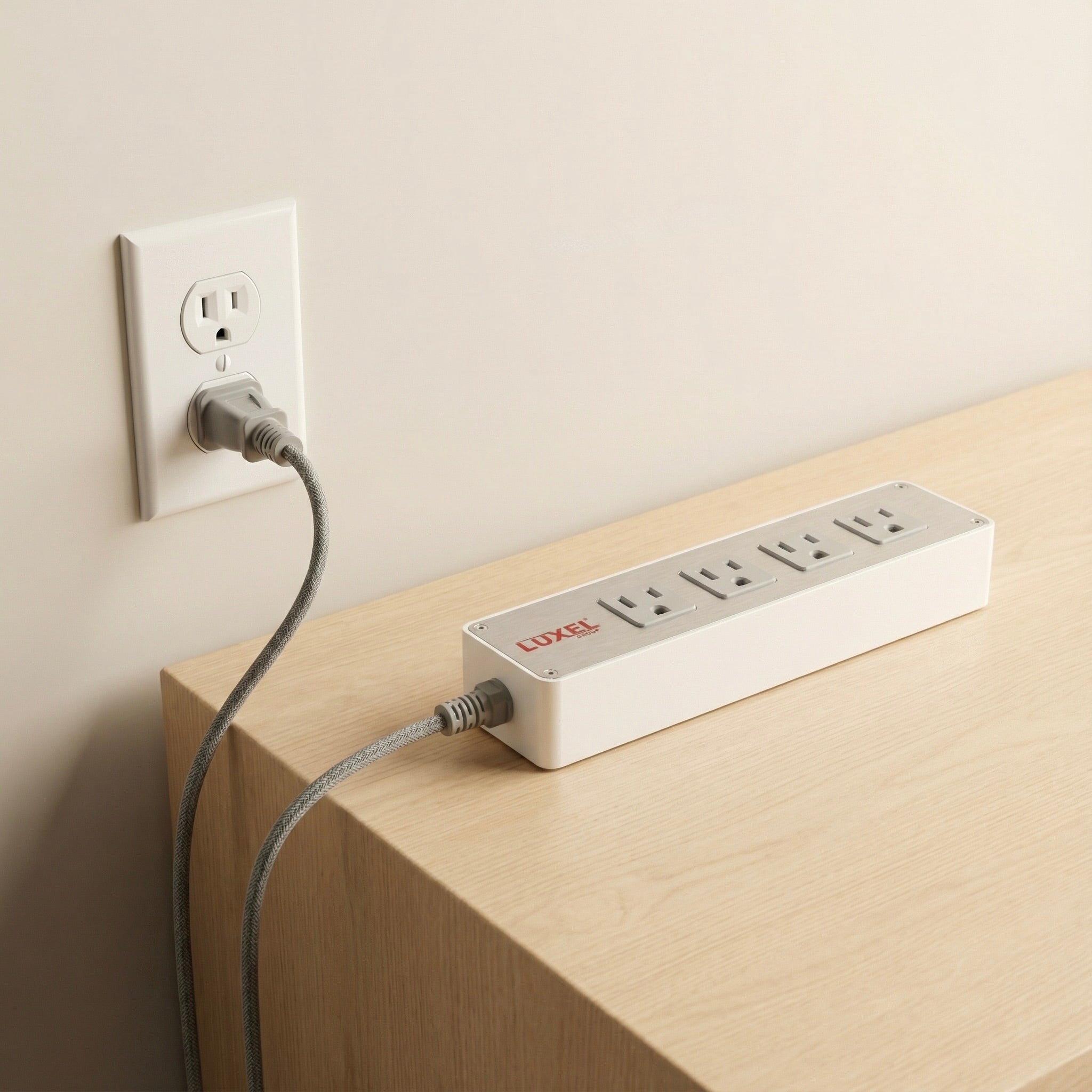 Power strip with multiple outlets plugged into a wall socket on a wooden surface.
