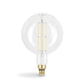 Clear LED light bulb with gold base on a white background