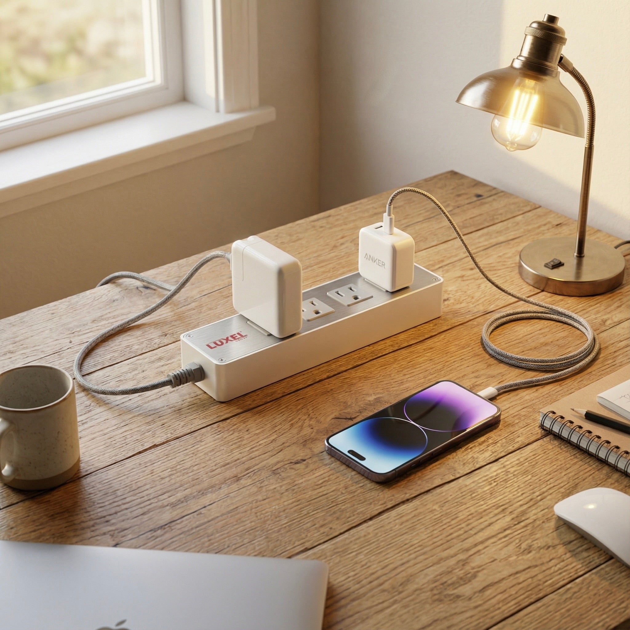 Power strip with multiple outlets on a wooden desk with a smartphone, mug, and lamp.