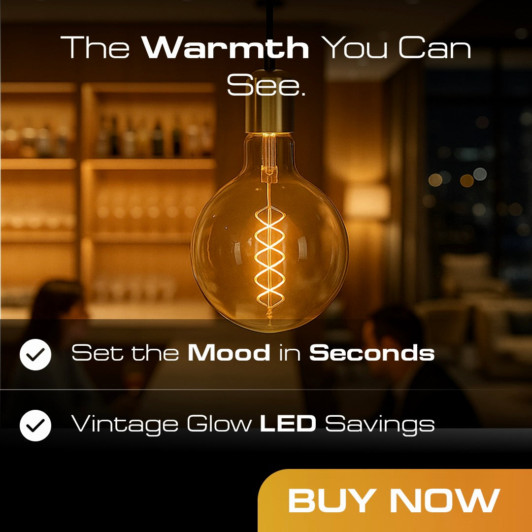 Vintage-style LED light bulb with promotional text in a blurred bar setting