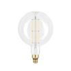 Clear LED light bulb with gold base on a white background