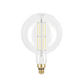 Clear LED light bulb with gold base on a white background
