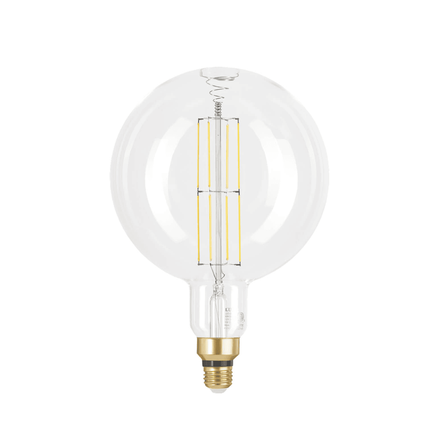 Clear LED light bulb with gold base on a white background
