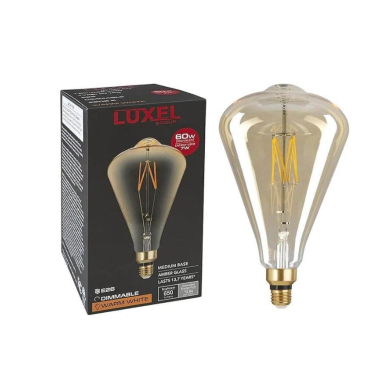 Luxel vintage-style light bulb with packaging on a white background