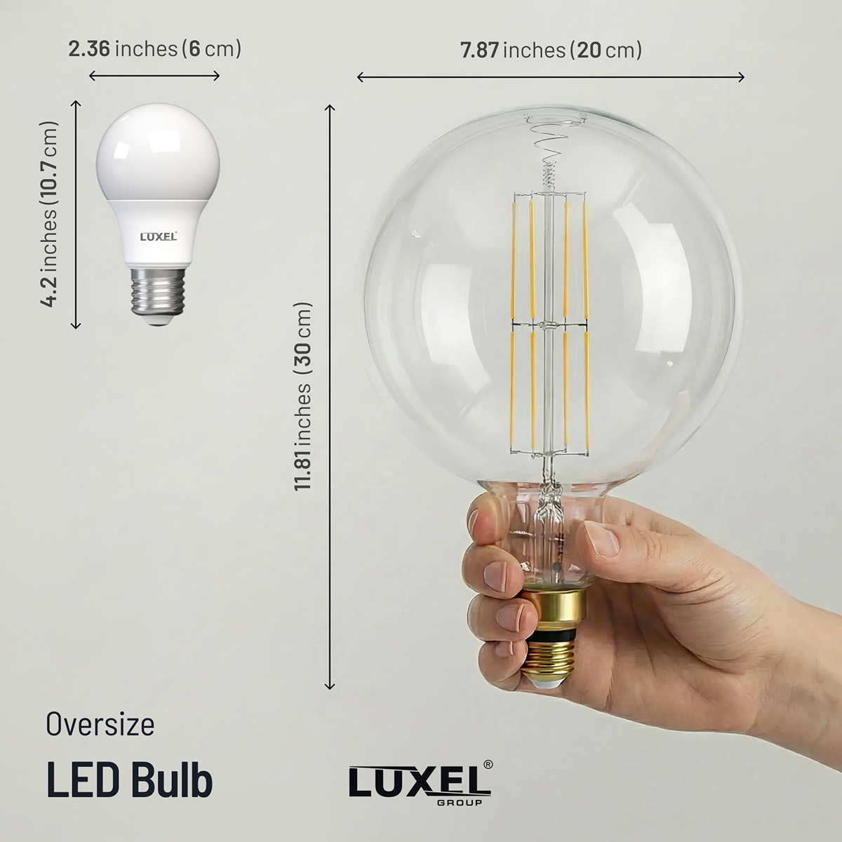 Luxel oversized LED bulb with measurements and a hand holding it against a gray background