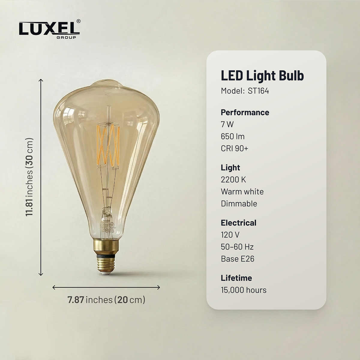 LED light bulb with Luxel branding and specifications on a beige background