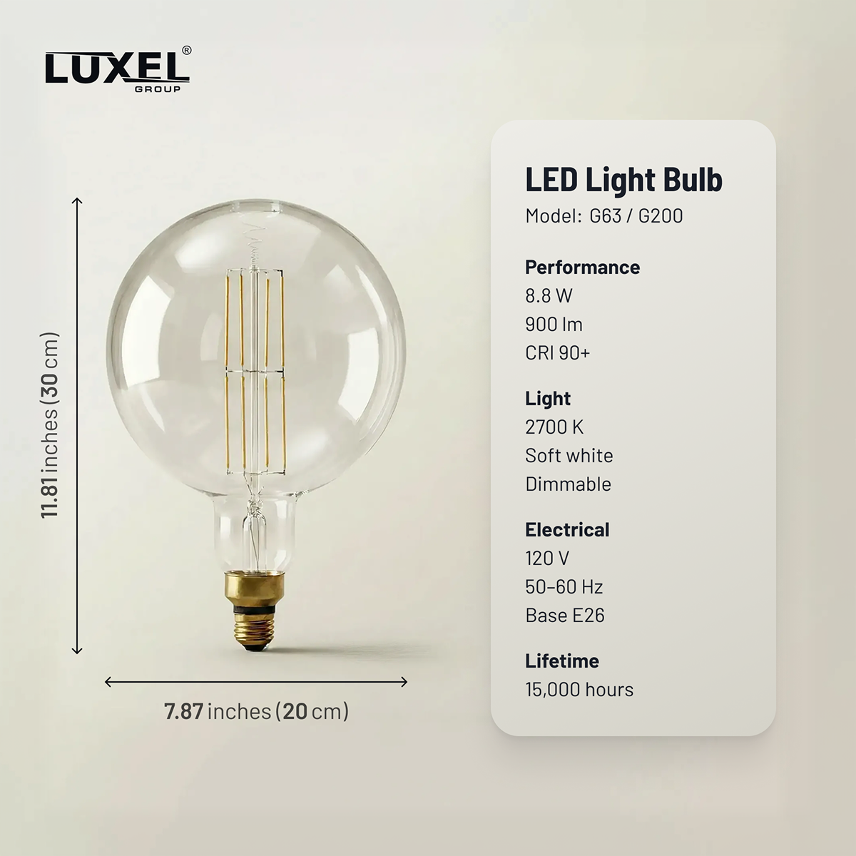 Luxel LED light bulb with specifications on a beige background