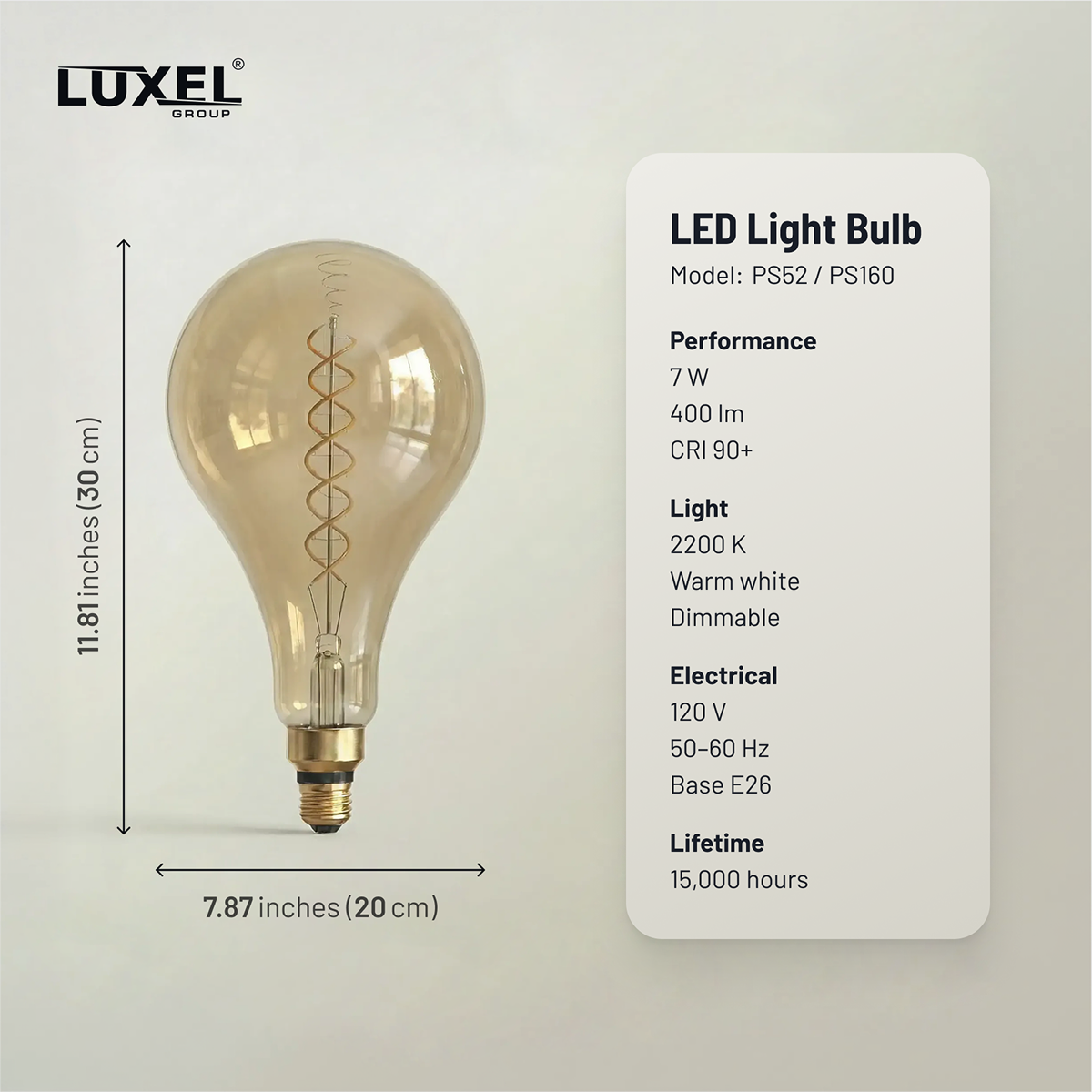 Luxel LED light bulb with specifications on a gray background