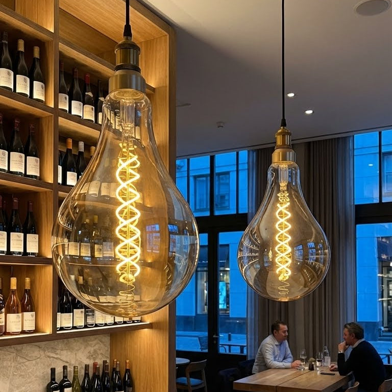 Modern kitchen with pendant lights and a view of people dining outside