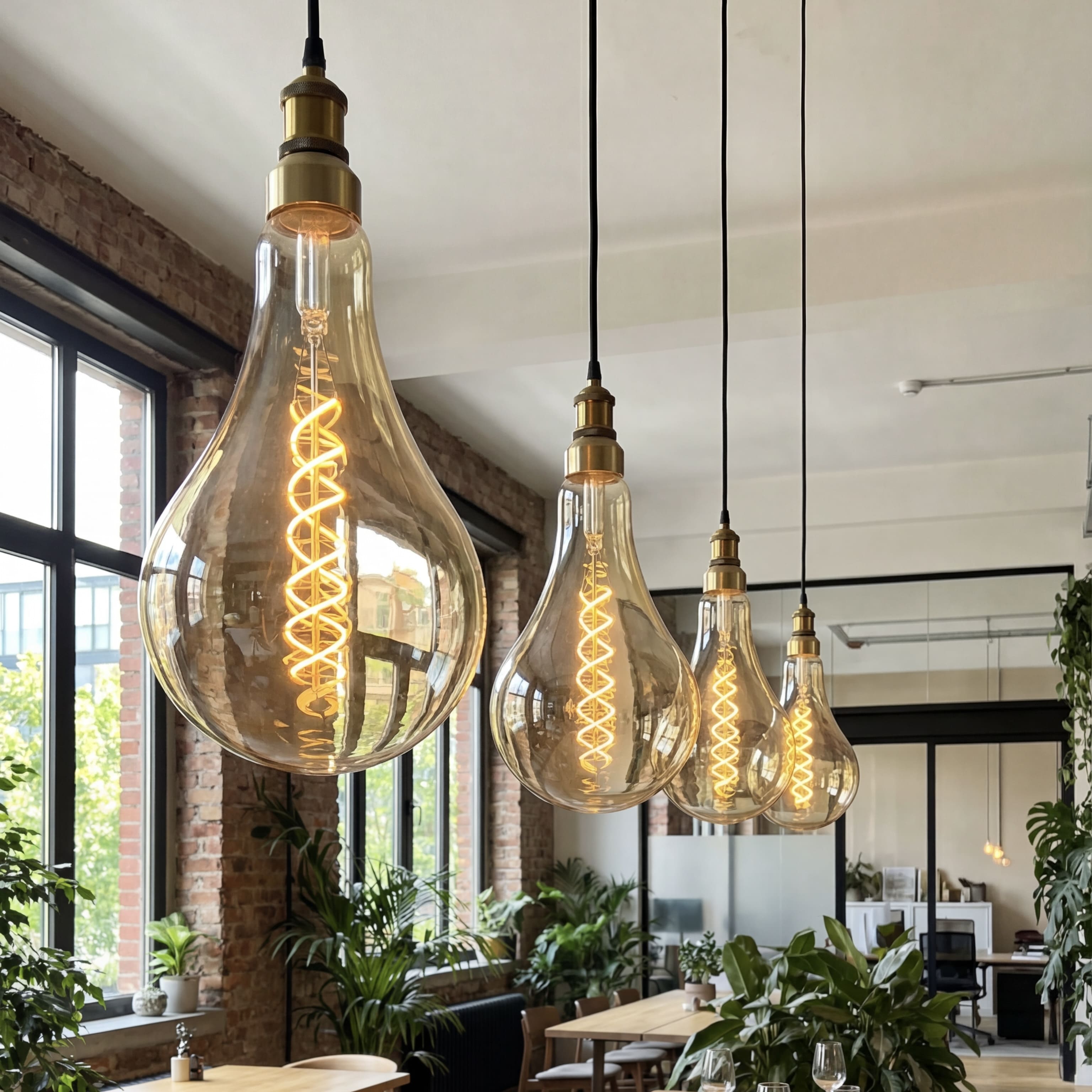 Vintage-style pendant lights hanging in a modern interior setting with plants and large windows.