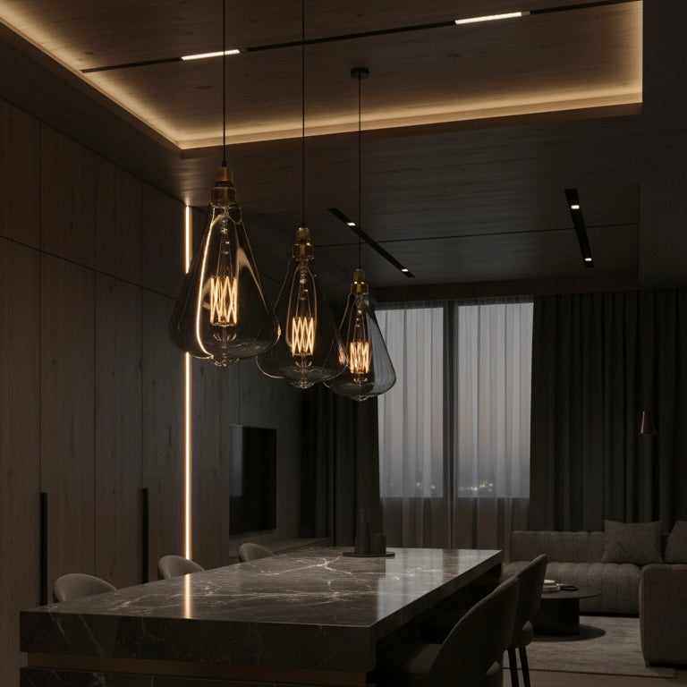 Modern dining room with marble table and pendant lights in a dimly lit setting.