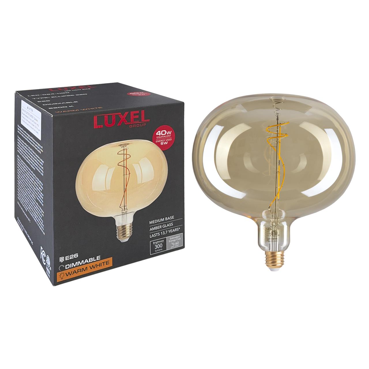 Luxel light bulb with packaging on a white background