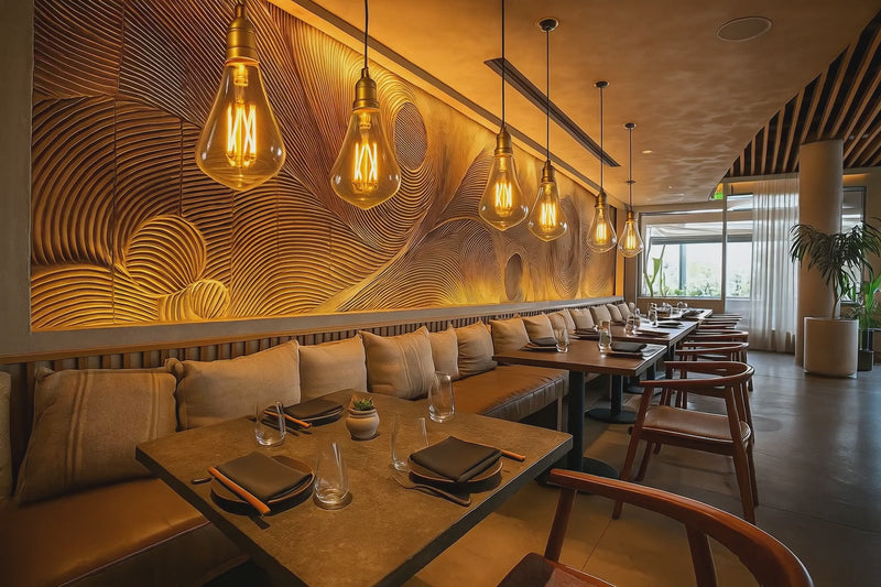 Oversized Edison LED Bulbs illuminating a modern upscale restaurant interior with textured golden walls, wooden furniture, and ambient warm lighting — perfect for commercial and hospitality spaces.