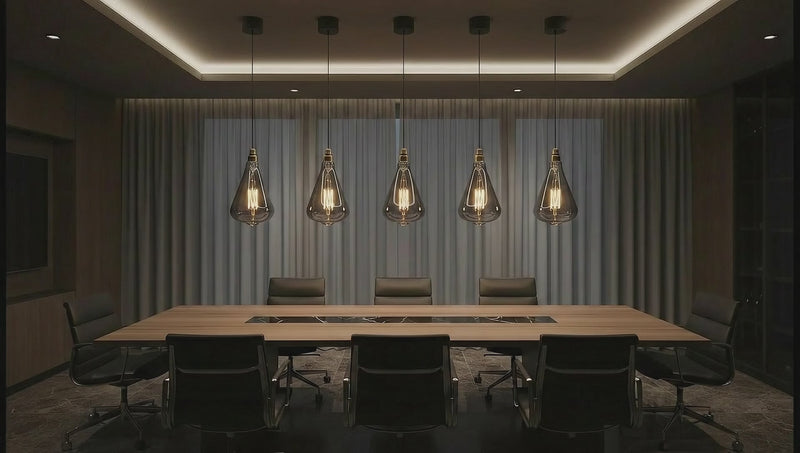 Vintage-style light bulbs hanging from the ceiling in a softly blurred room setting.