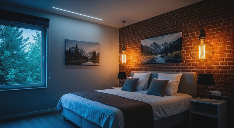 Oversized Edison LED Bulbs glowing beside a cozy modern bedroom with brick accent wall, ambient lighting, and minimalist décor — perfect for stylish home lighting inspiration.