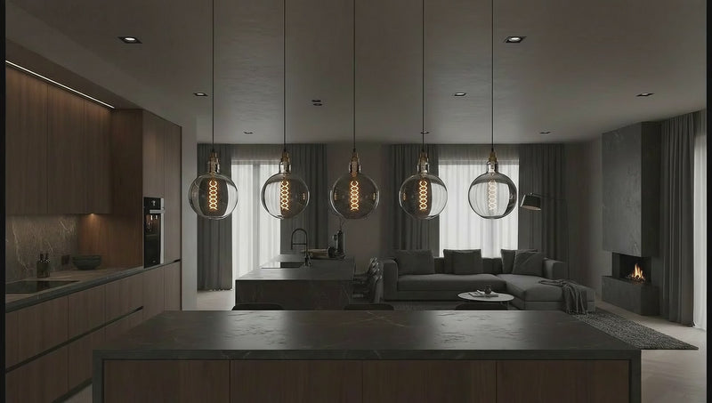 Vintage-style light bulbs hanging from the ceiling in a softly blurred room setting.